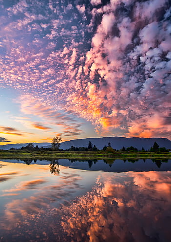 Captivating sunset with vibrant clouds and serene reflections over Pitt Meadows, BC. HD phone wallpaper