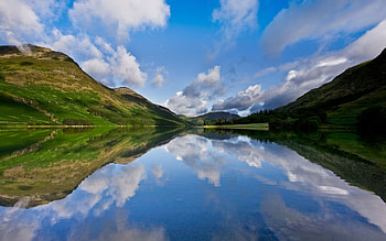Nature, Sky, Mountains, Lake, Reflection, Smooth, Surface, Mirror, Noon HD wallpaper