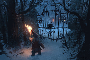 :-), winter, night, dwarf, craciun, elf, gates, fantasy, iarna, christmas, light, nikolai lockertsen, luminos HD wallpaper