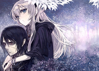 On his back, grey hair, blue eyes, red eyes, girl, black hair, long hair, tree, anime, boy, scar HD wallpaper