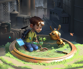 Little boy & Robotic dog, fantasy, child HD wallpaper