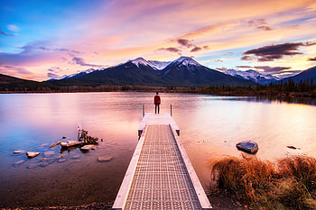 Standing On Dock Sunset , pier, dock, sunset, alone, nature, mountains, sea HD wallpaper