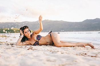 Aurela Skandaj, sand, model, beach, woman, babe, lady, water, ocean HD wallpaper