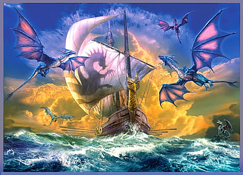 Dragons, sea, waves, ship, art, stormy HD wallpaper