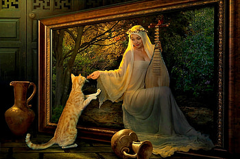 Curious cat, art, asian, girl, cat, orange, ginger, instrument, fantasy, pisici HD wallpaper