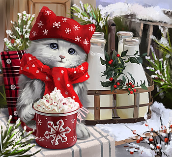 The Cat With The Cream, milk, snow, christmas, berries, Cat, cream HD wallpaper