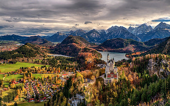 wonderous neuschwanstein castle panorama r, town, forests, r, mountains, panorama, casrle HD wallpaper