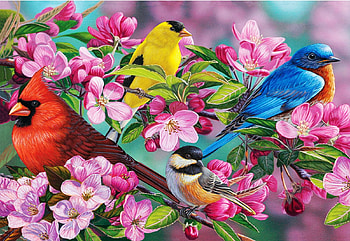 Spring Birds, goldfinch, bluebird, cardinal, blossoms HD wallpaper