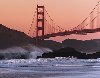 Cities, Waves, Rocks, Shore, Bank, Spray, Bridge HD wallpaper