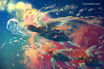 Flying turtles, blue, wings, art, orange, view from the top, fantasy, yuumei, yellow, luminos, sky, turtles, wenqing yan, sunset HD wallpaper