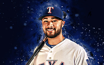 Isiah Kiner-Falefa, , Texas Rangers, MLB, shortstop, baseball, Izzy, blue neon lights, Isiah Kiner-Falefa Texas Rangers, Isiah Kiner-Falefa HD wallpaper