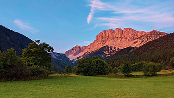 The Grand Veymont in the morning light, France, peaks, landscape, trees, sky, forest HD wallpaper