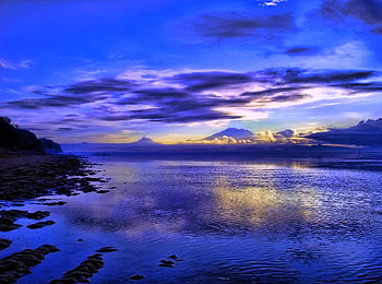 Shades of blue, blue, shore, clouds, water, reflections, evening HD wallpaper