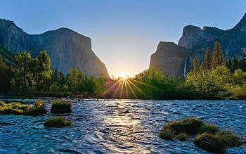 The break of dawn is magical in Yosemite, river, california, valley, trees, sun, water, rocks, usa HD wallpaper