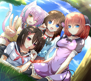 Anime, neko, green, lolipop, sky, bandges HD wallpaper