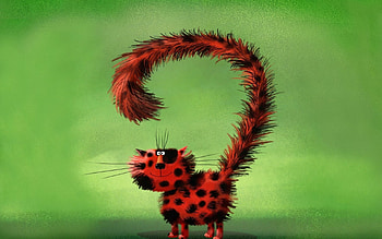A Friendly Whiskered Cat, black, painting, whiskers, green, red, cat, tail, spots HD wallpaper