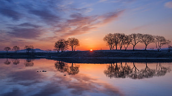 Morning Sunrise in South Korea, reflections, lake, landscape, colors, trees, sky, water HD wallpaper
