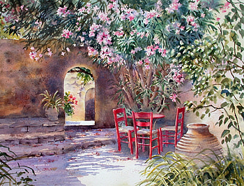 My Own Little Peace Of The World, chairs, table, trees, garden, flowers, calming, blooms, pots HD wallpaper