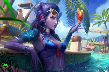 :-), blue, girl, summer, ramza ardyputra, cocktail, palm tree, fantasy, pool, luminos HD wallpaper