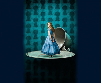 Mia Wasikowska as Alice, blue, teacup, fairy tale, girl, saucer, dress HD wallpaper