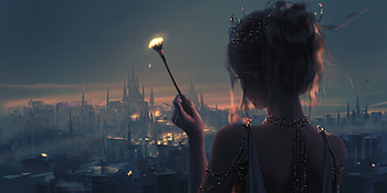 Light, night, frumusete, wlop, art, fantasy, girl, silhouette, luminos HD wallpaper