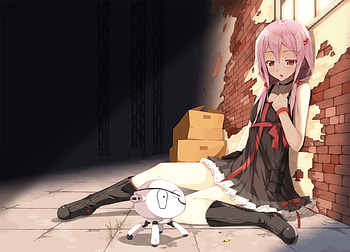 Yuzuriha Inori, robot, anime, red eyes, wall, pink hair, guilty crowm, female HD wallpaper