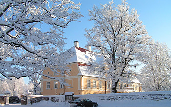 Manor at Winter, winter, trees, manor, hoarfrost, Latvia HD wallpaper