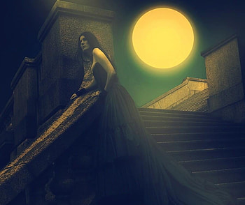 Awaiting in full moon, night, full moon, lady, black, fantasy, brunette, dress, awaiting HD wallpaper