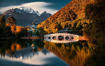 Temple, bridge, reflection, pond HD wallpaper