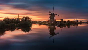 Windmill, Netherlands, Evening, Trees, River HD wallpaper