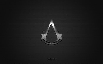 Assassins Creed logo, silver shiny logo, Assassins Creed metal emblem, gray carbon fiber texture, Assassins Creed, brands, creative art, Assassins Creed emblem HD wallpaper