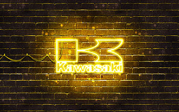 Kawasaki yellow logo, , yellow brickwall, Kawasaki logo, motorcyles brands, Kawasaki neon logo, Kawasaki HD wallpaper