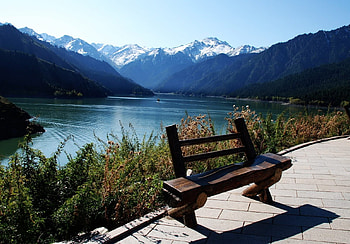 Nature, Mountains, Lake, Vegetation, Shadow, Bench HD wallpaper