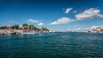 Sea Pier Boats On Ocean Water Trees Buildings Background Under White Clouds Blue Sky Nature HD wallpaper
