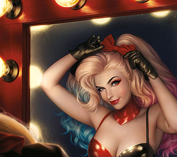Harley Quinn, mirror, fantasy, lights, comics, warren louw, face HD wallpaper