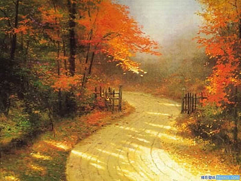 Winding Trail, mist, trail, art, fence, trees, autumn colours HD wallpaper
