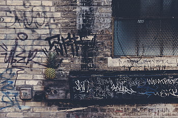 Grunge-style graffiti on an urban brick wall featuring a pineapple, evoking gritty street art vibes. HD wallpaper