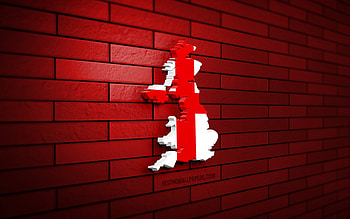 England map, , red brickwall, European countries, England map silhouette, England flag, Europe, English map, English flag, England, flag of England, English 3D map HD wallpaper