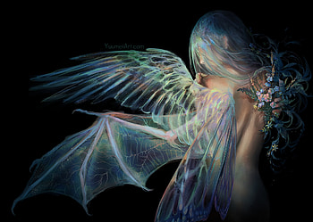 In search of flight, wings, black, fantasy, yuumei, art, angel, luminos, wenqing yan, girl HD wallpaper