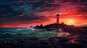 AI-Generated Lighthouse - Enchanting Sunset Seascape, AI Art, man made, lighthouse HD wallpaper
