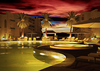 Awesome poolside view, golden, jacuzzi, beautiful, gold, lights, red, lounges, pool, sky, amazing, palm trees HD wallpaper