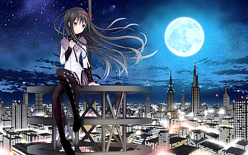 Anime, Moon, City, Girl, Tower, Brunette HD wallpaper