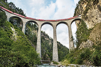 Bridge, architecture, train, railway, mountain, clouds, trees, tracks, water, stream HD wallpaper