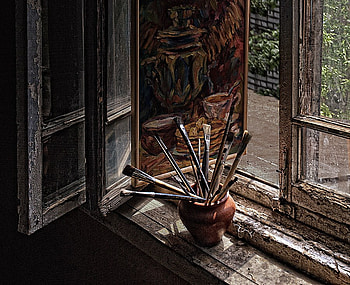 PAINTER´S WORLD 1, open, window, paint brushes, ceramic jar HD wallpaper
