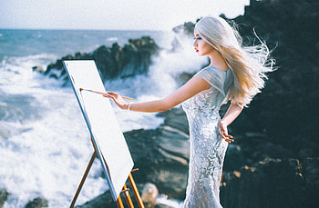 asian girl, sea, blonde, asian, paint, girl HD wallpaper