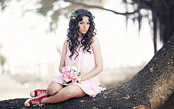 Brunette with flowers, Girl, Brunette, Floral, Woman, flowers HD wallpaper