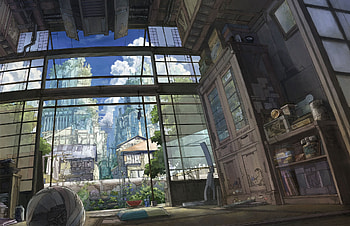 Take Me Home, chair, room, city, window, japan, mats, books, bedroom, music, anime, movie, clouds, sky, screen HD wallpaper