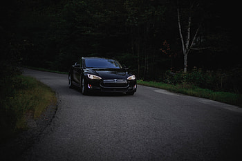 Cars, Dark, Forest, Car, Asphalt, Tesla HD wallpaper