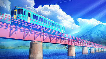 Train Anime Bridge Above Water Under Clouds Blue Sky Anime HD wallpaper