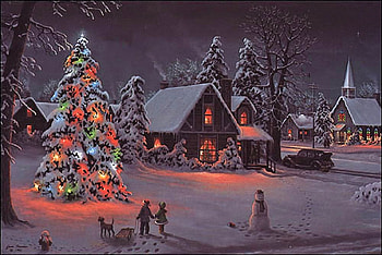 Christmas Wish, winter, dog, children, house, barnes, church, snowman, painting, snow, lights, village, christmas tree, evening HD wallpaper